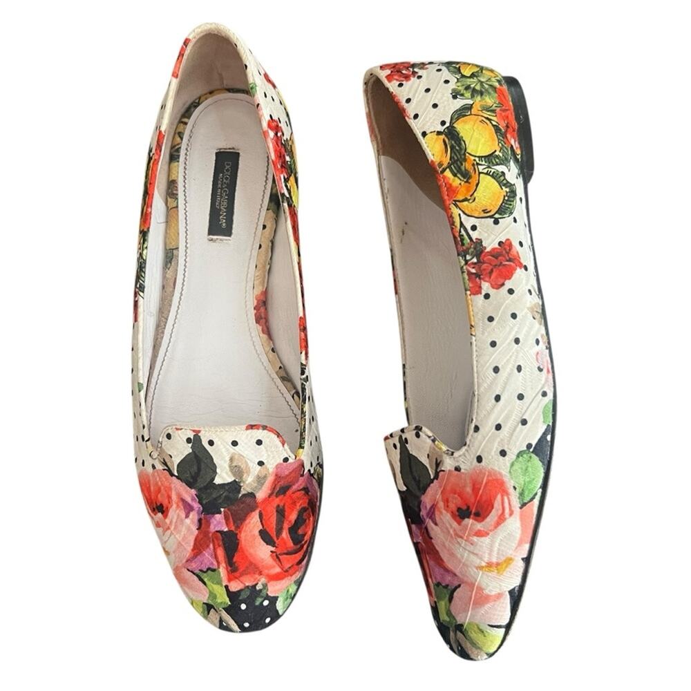 Dolce & Gabbana Women’s Floral Lemon Print Fabric Flats Loafers Smoking Slippers